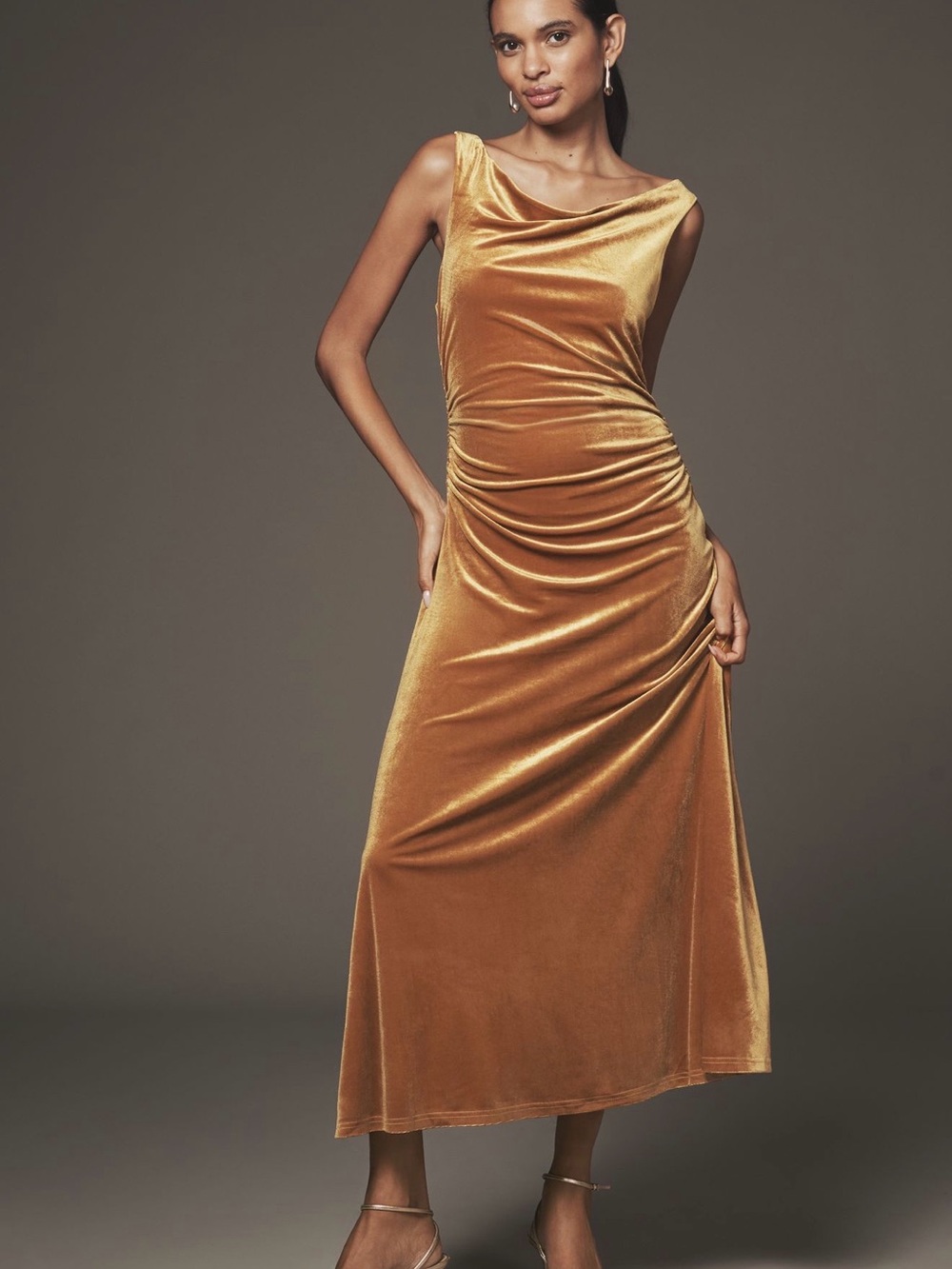 Anthropologie One-Shoulder Gold Velvet Draped Dress
